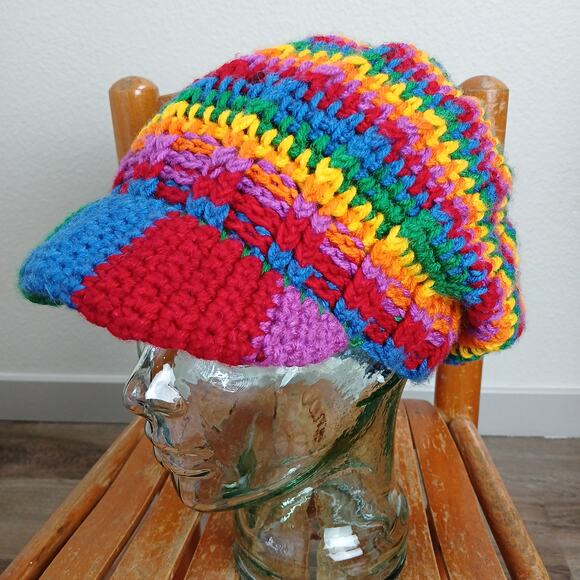 Hand Crafted Accessories - Rainbow Slouchy with a Brim OSFM handmade crochet newsboy premade Pride kidcore